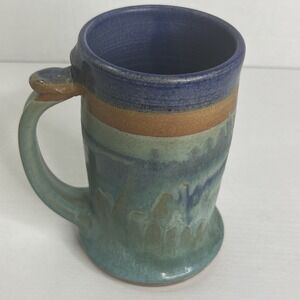 24 oz Studio Pottery Mug Stoneware Handmade Blue Green Brown Signed Mahan‎ 2002